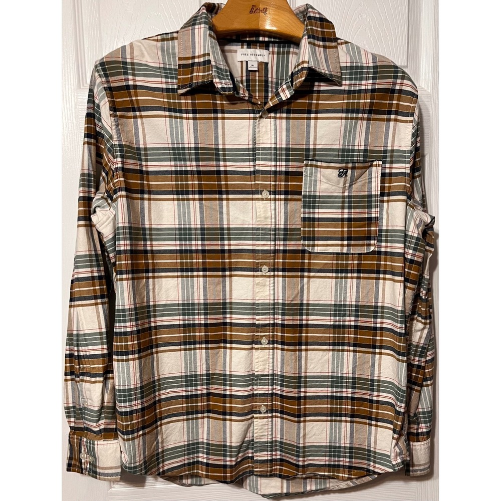 Free Assembly Mens XL Plaid Button Down Shirt Brown Green Long Sleeve FAMWT00136